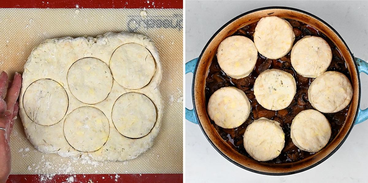 Split image: Left side shows dough being cut into circles with a round cutter on a floured surface. Right side shows the cut dough circles topping a beef cobbler casserole with a dark filling in a blue dish, ready to bake.