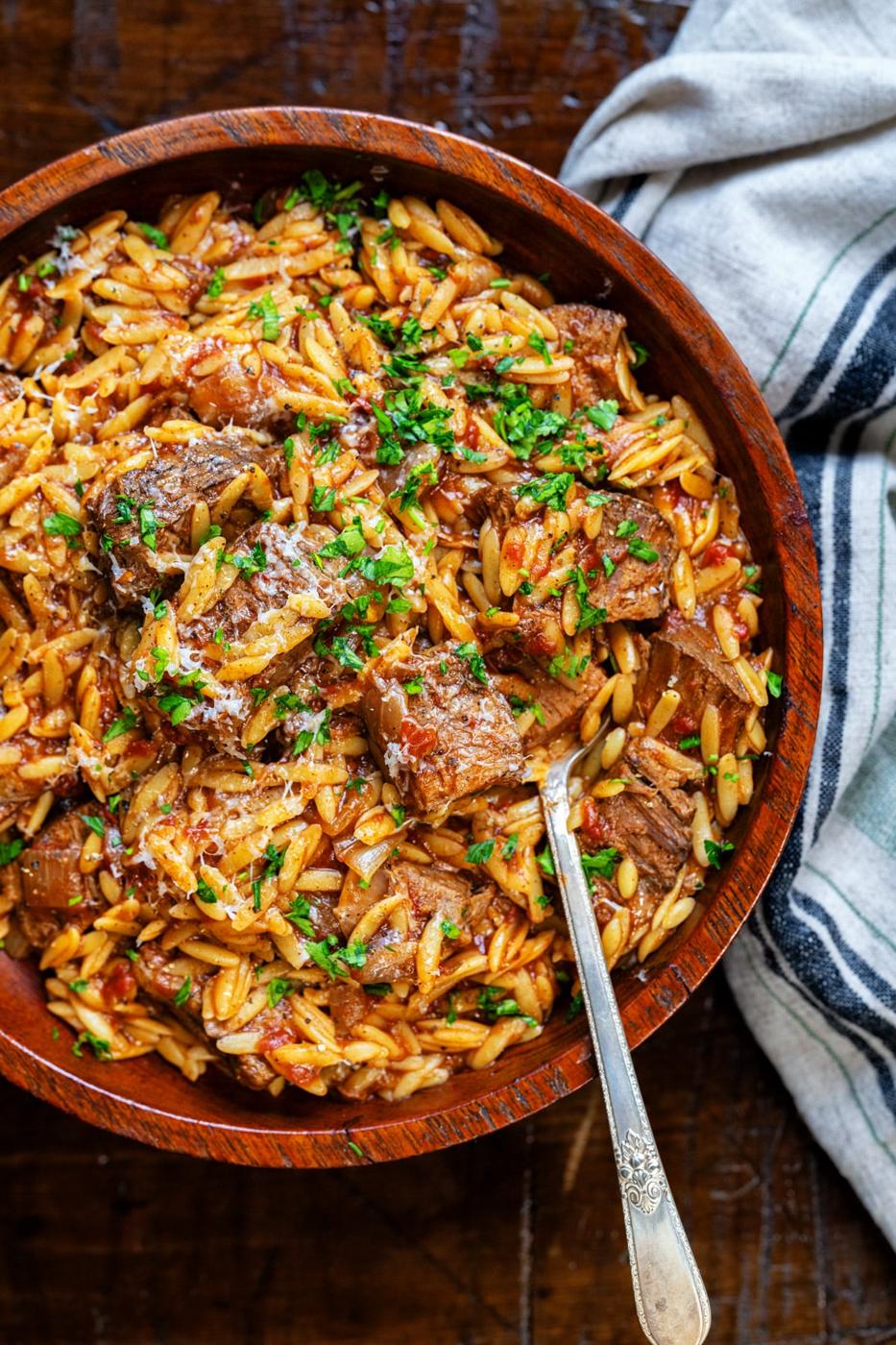 Beef giouvetsi close up