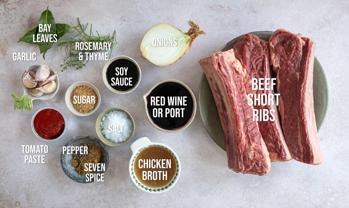 ingredients for red wine braised beef short ribs, labelled