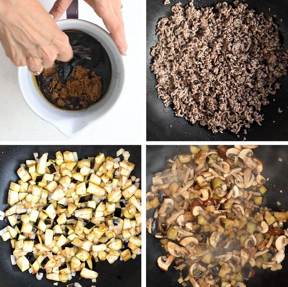 Four images: mixing sauce in a bowl, browning ground meat in a pan, sautéing diced eggplant, and cooking eggplant with sliced mushrooms and onions together in a skillet.