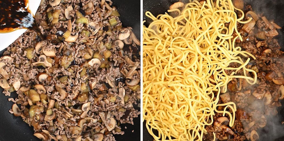Side-by-side images showing ground meat and mushrooms being cooked in a pan. On the left, sauce is being poured in. On the right, cooked noodles are added to the meat and mushrooms in the pan.