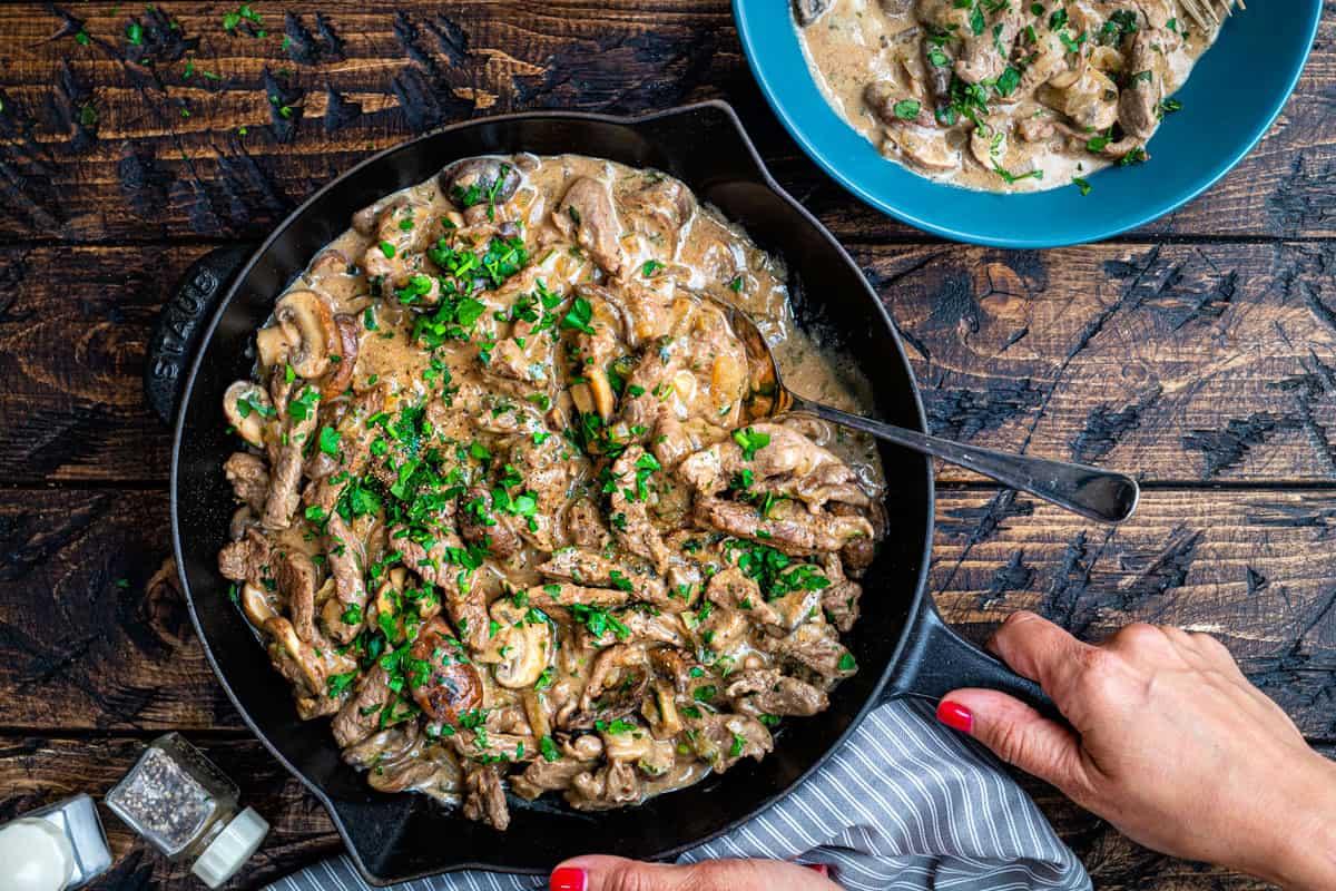 Beef stroganoff in a cast iron skillet