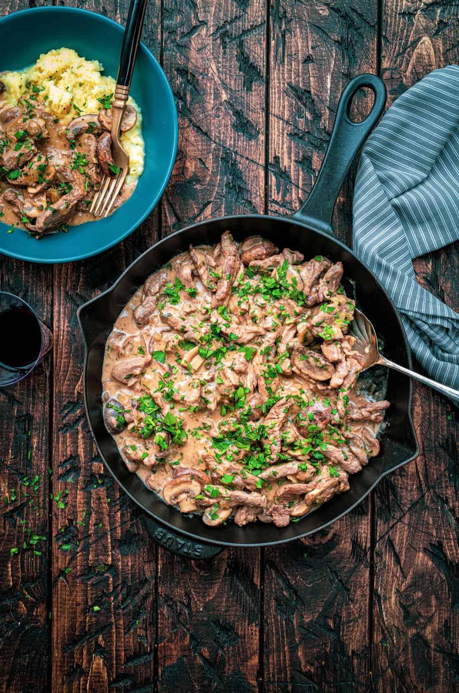 Overhead shot of beef stroganoff in a skillet