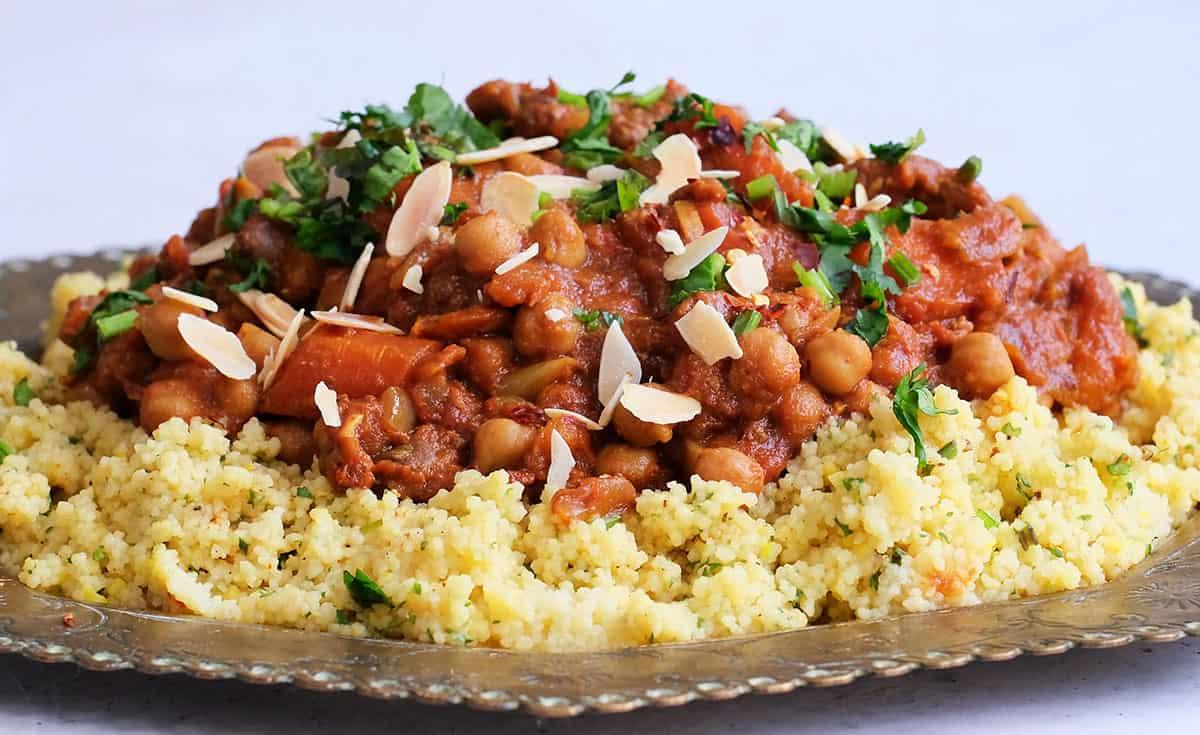 Beef tagine with apricots served over couscous