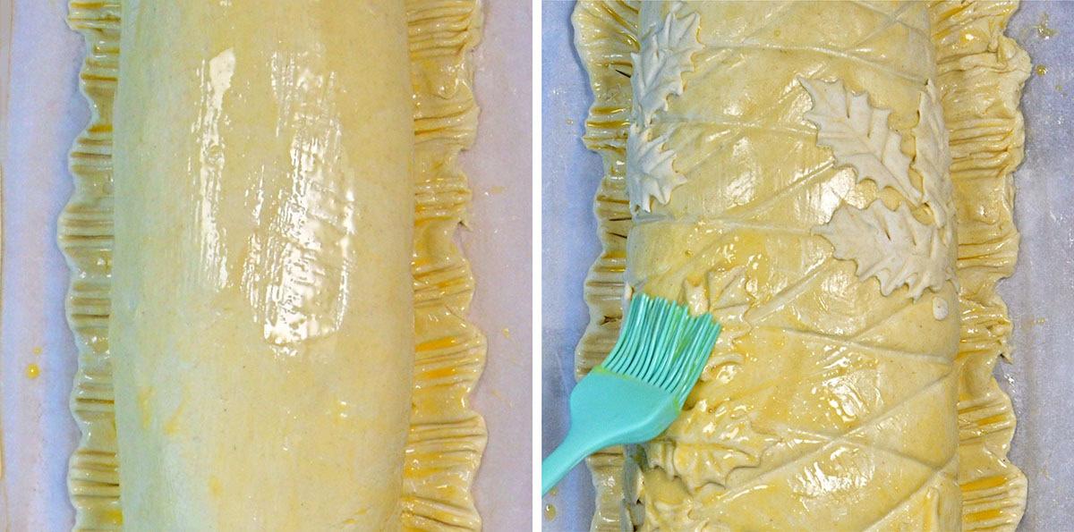 Split image: On the left, a plain beef wellington pastry-wrapped loaf with crimped edges is brushed with egg wash. On the right, the same beef wellington, now adorned with leaf patterns, is brushed with egg wash using a turquoise brush.