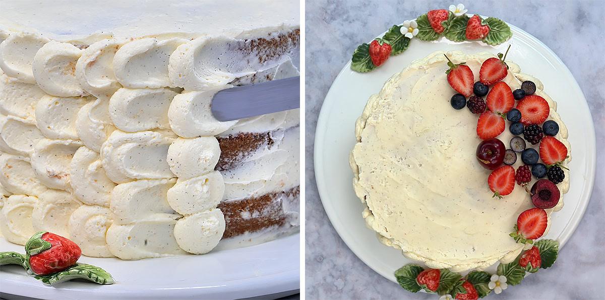 A cake is being frosted with vanilla icing on the left. On the right, the finished cake is topped with berries and leaves, viewed from above.