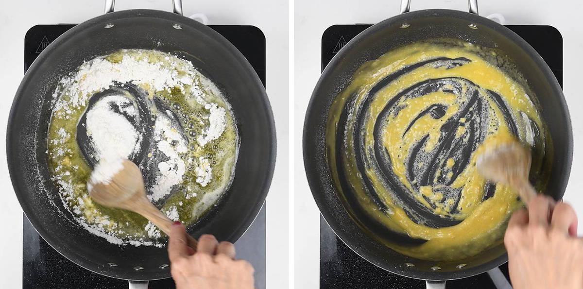Butter and flour being stirred into a roux in a pan for fish pie sauce