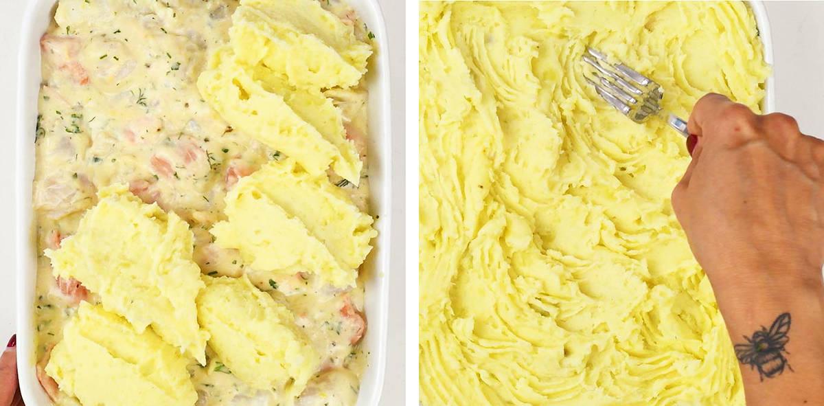 Mashed potato being spread over the fish pie filling and swirled with a fork