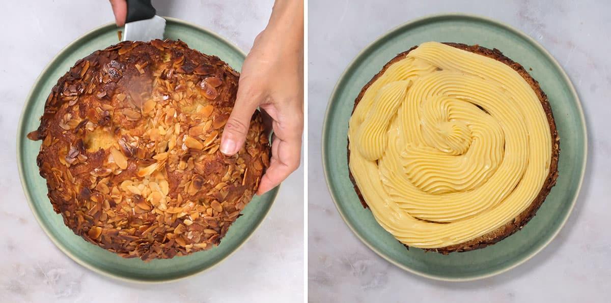 slicing and filling beesting cake