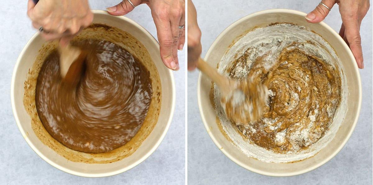 making banana bread in a mixing bowl collage