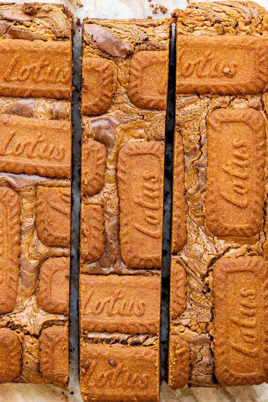 Close up on Lotus Biscoff brownies sliced into three sections