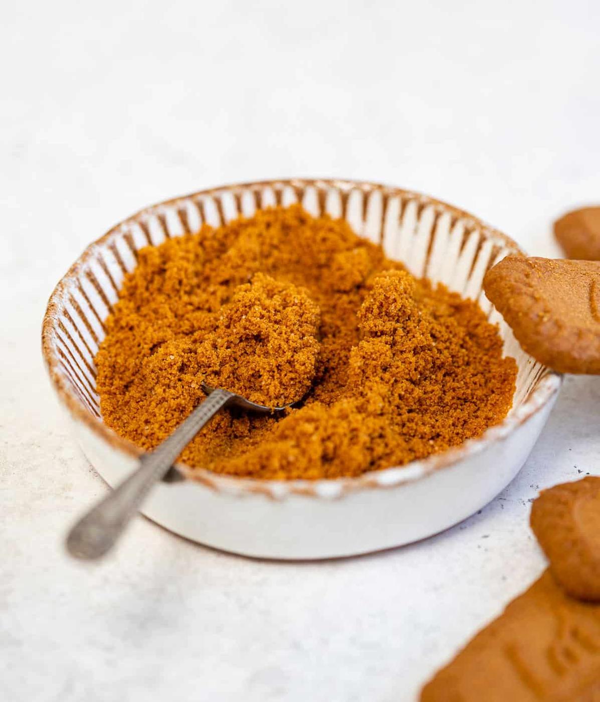 Biscoff cookie crumbs in a small bowl