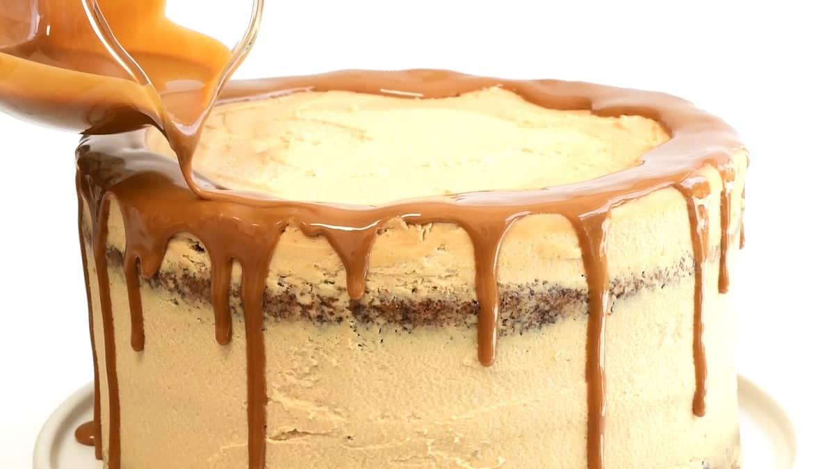 adding a drip effect to Biscoff layer cake