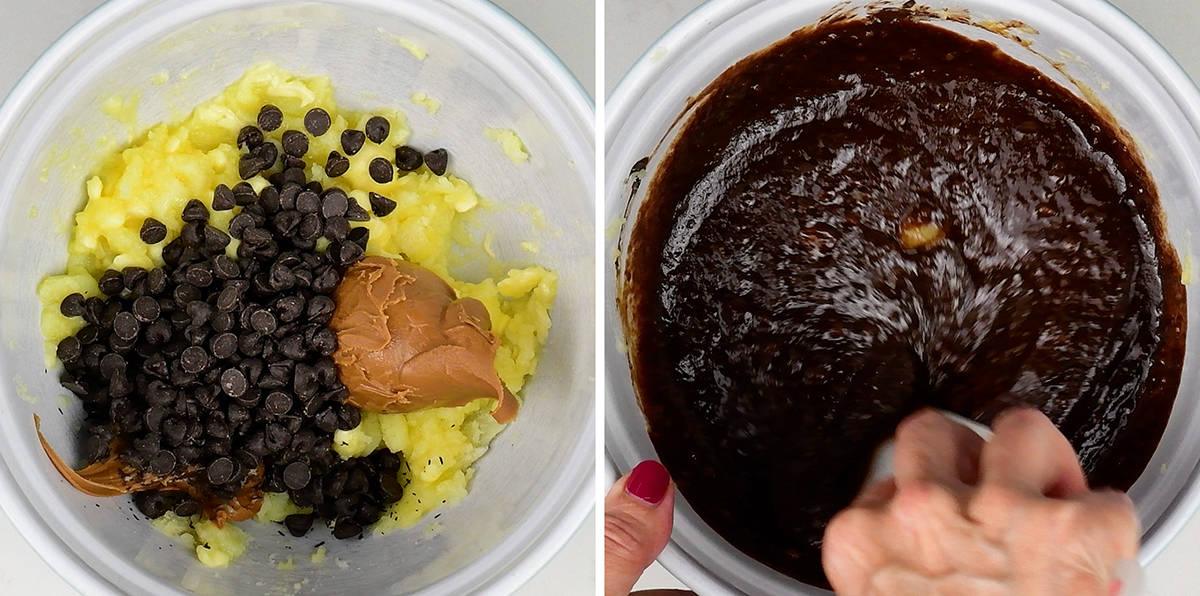 Bowl with mashed potato, chocolate chips, Biscoff spread