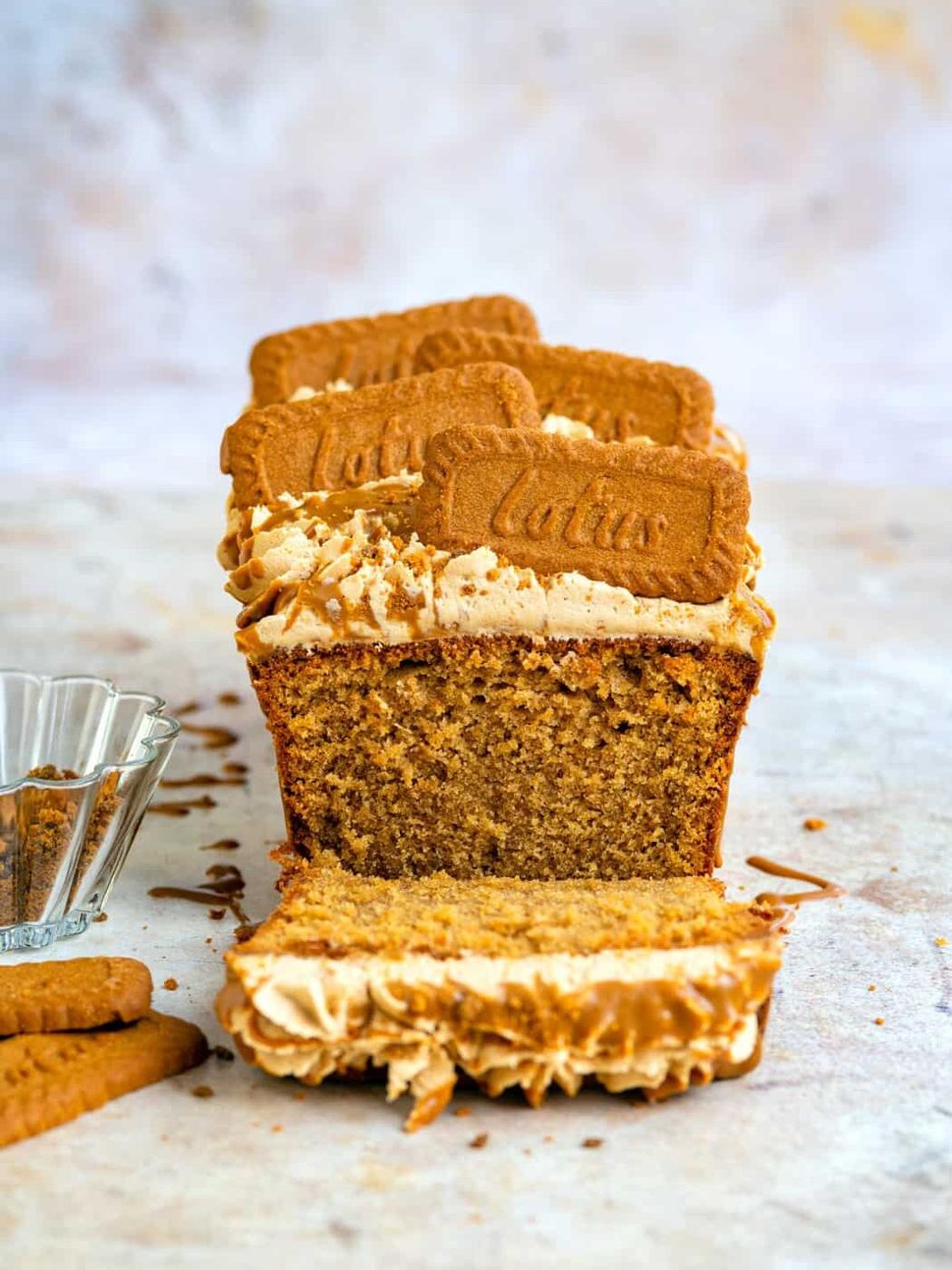 Biscoff Loaf cake topped with buttercream and Lotus Biscoff biscuits