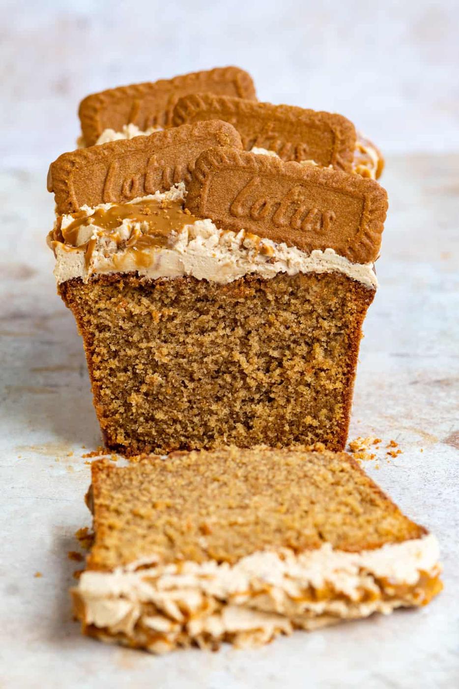 Close up on a sliced Lotus Biscoff Loaf Cake