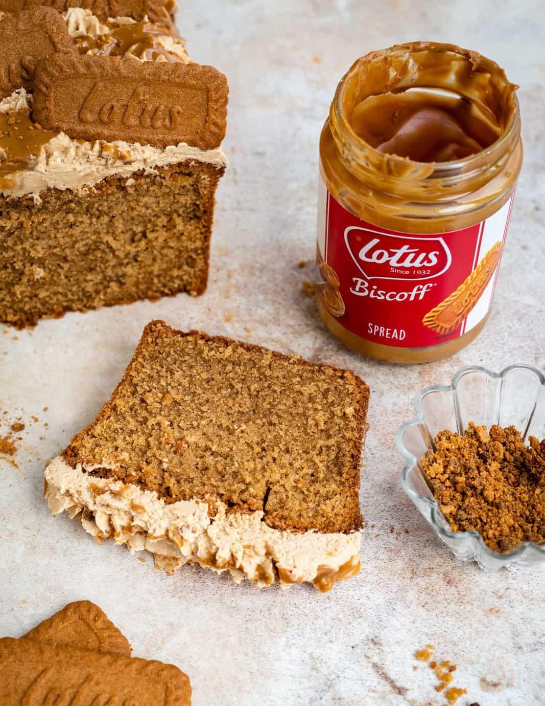 Slice of Lotus Biscoff Loaf cake
