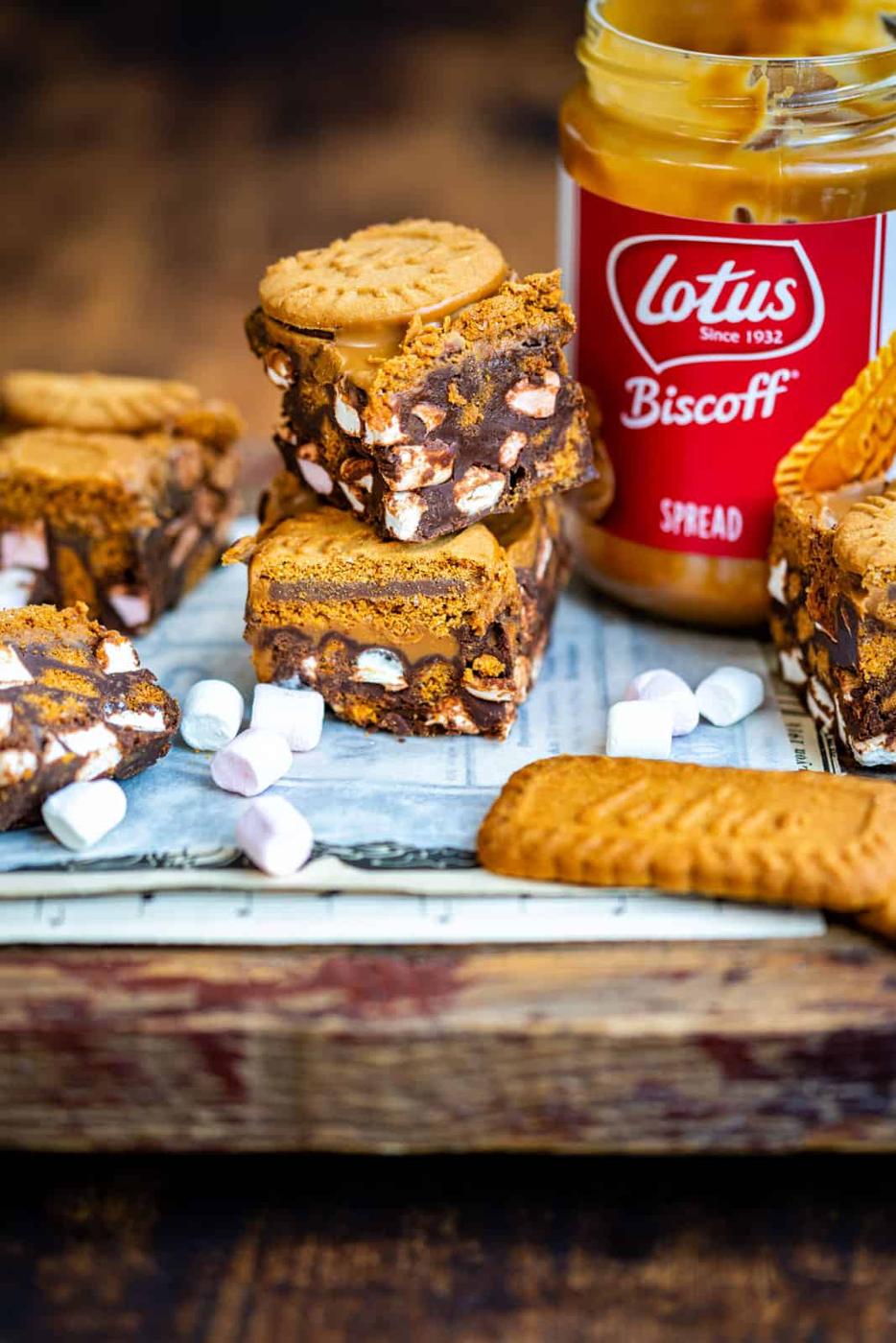 Lotus Biscoff spread jar next to squares of Rocky Road