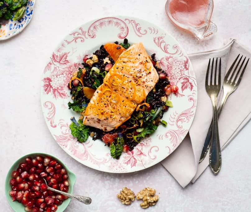 Black rice salad with pan fried salmon
