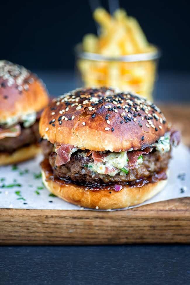 Homemade beef burger on brioche bun