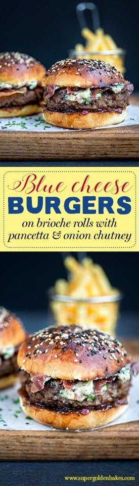 The ultimate juicy beef burger server with crispy pancetta, easy blue cheese sauce, onion chutney and homemade brioche buns.