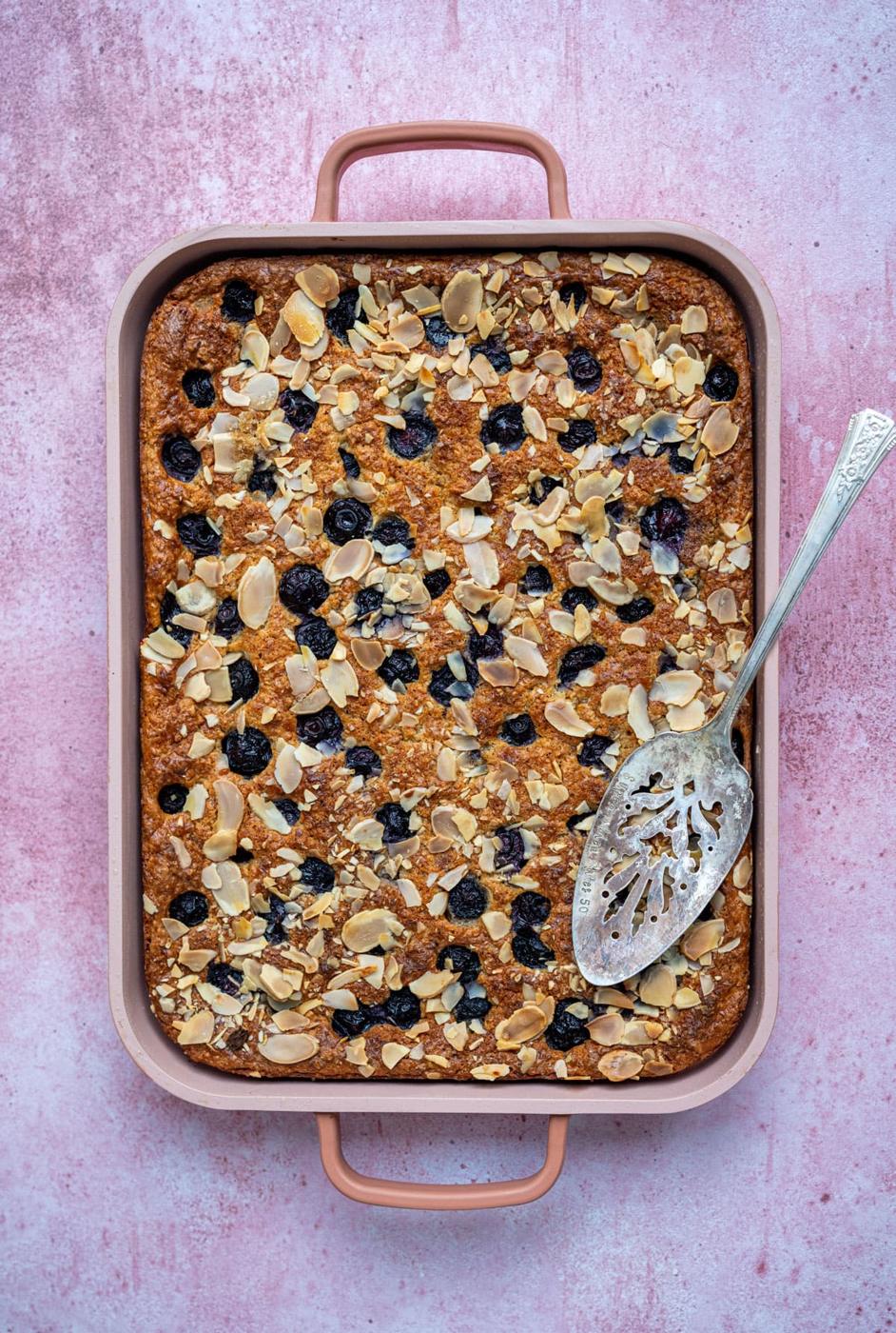 Blueberry cottage cheese breakfast bake in a quarter sheet pan