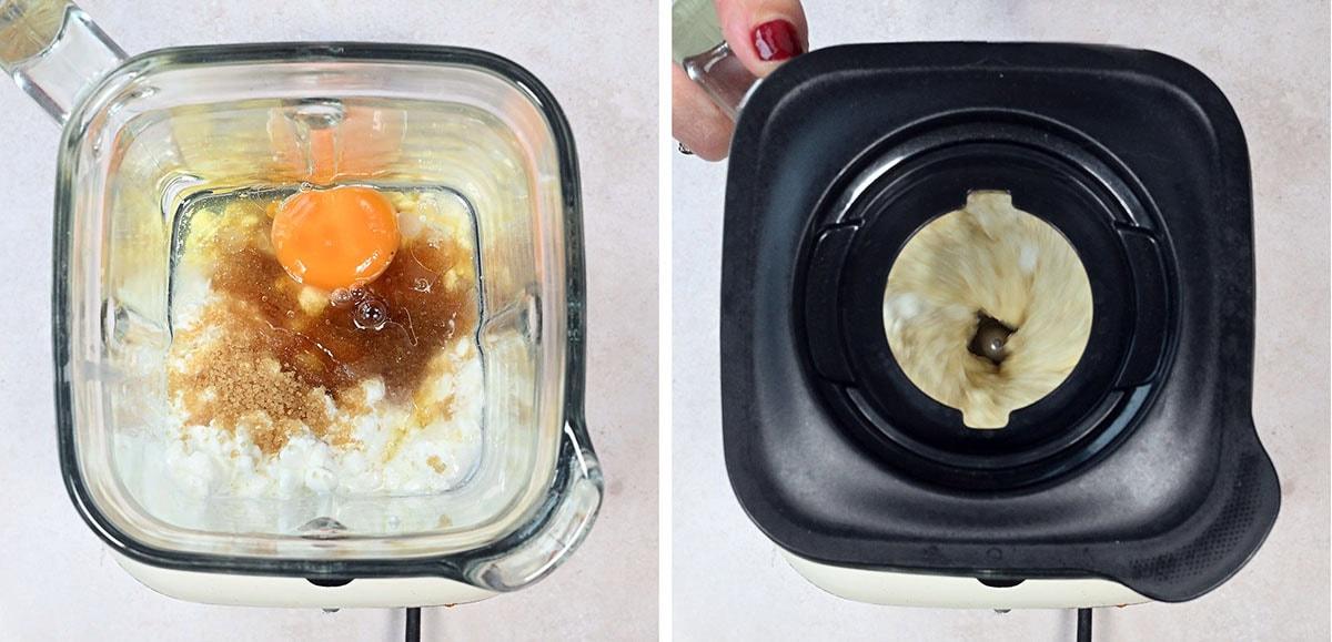 blending cottage cheese with eggs, vanilla and maple syrup