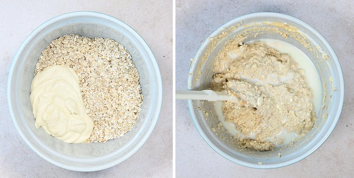 mixing blended cottage cheese with oats in a bowl