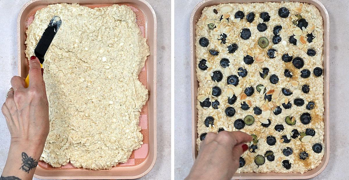 collage showing how to make a cottage cheese blueberry bake