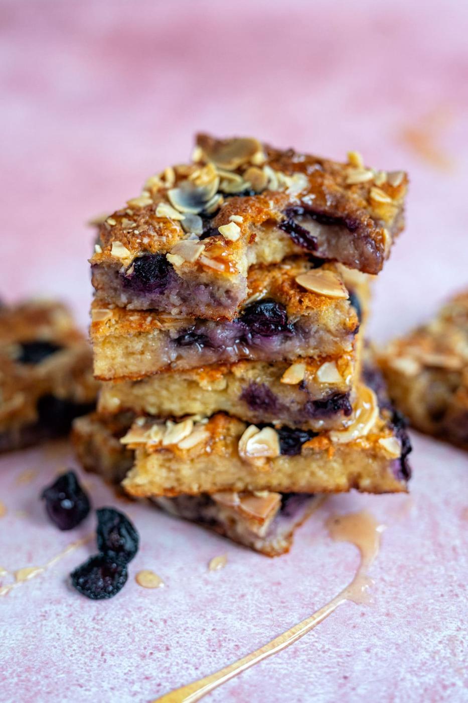 stacked slices of cottage cheese bake drizzled with honey