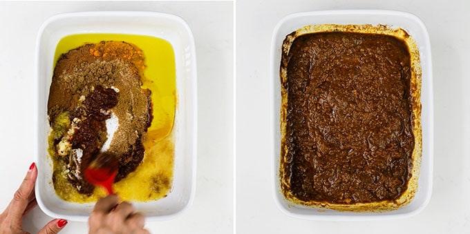 Mixing lamb marinade in an ovenproof dish