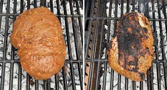 Searing butterflied lamb on a barbecue collage