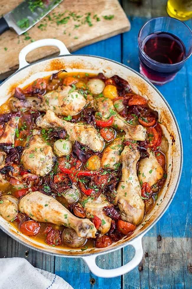 Chicken cooked in wine in a skillet