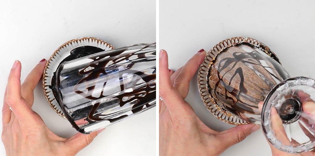 decorating a milkshake glass with chocolate and sprinkles