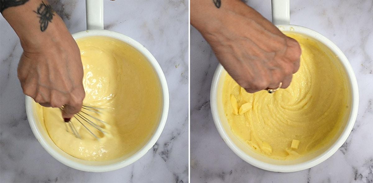 making custard in a saucepan (collage)