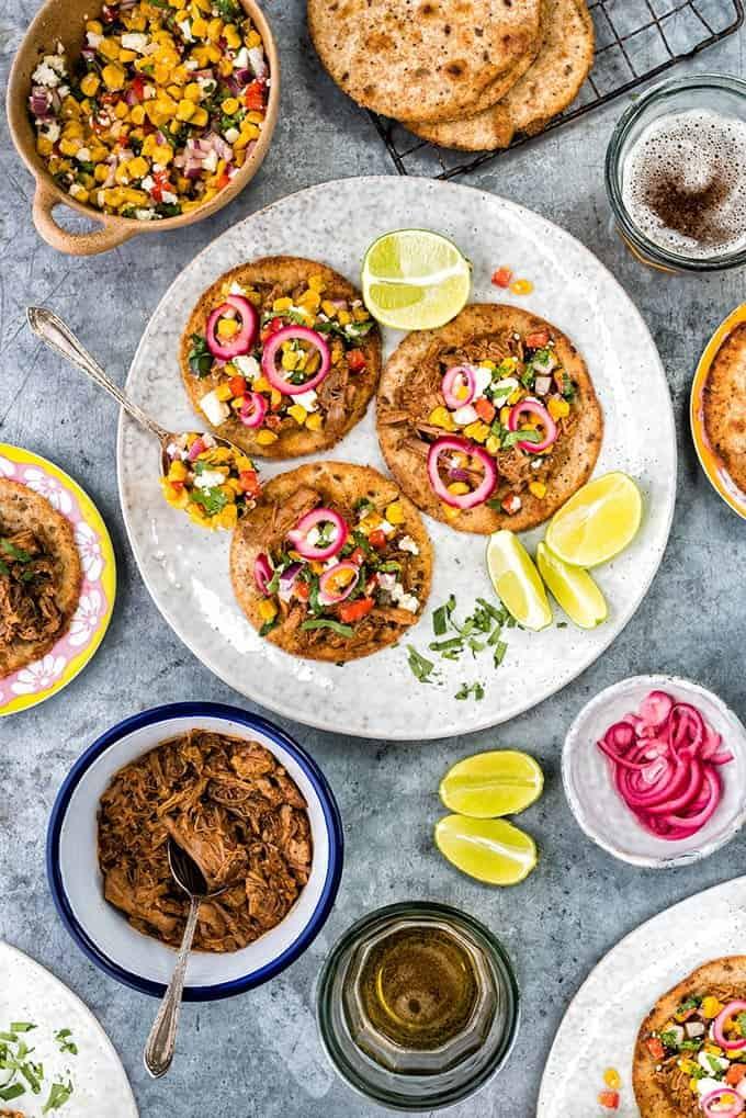 Bourbon and coke pulled pork tostadas with quick corn salsa