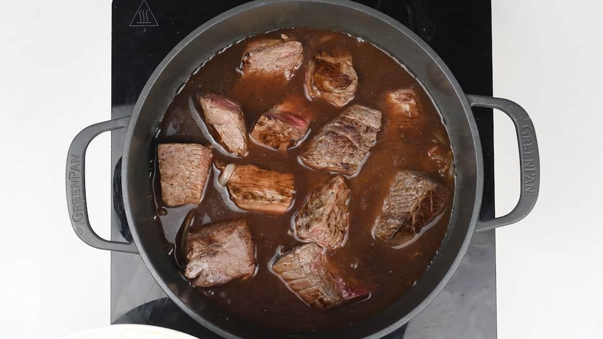 Pot of beef in red wine and stock