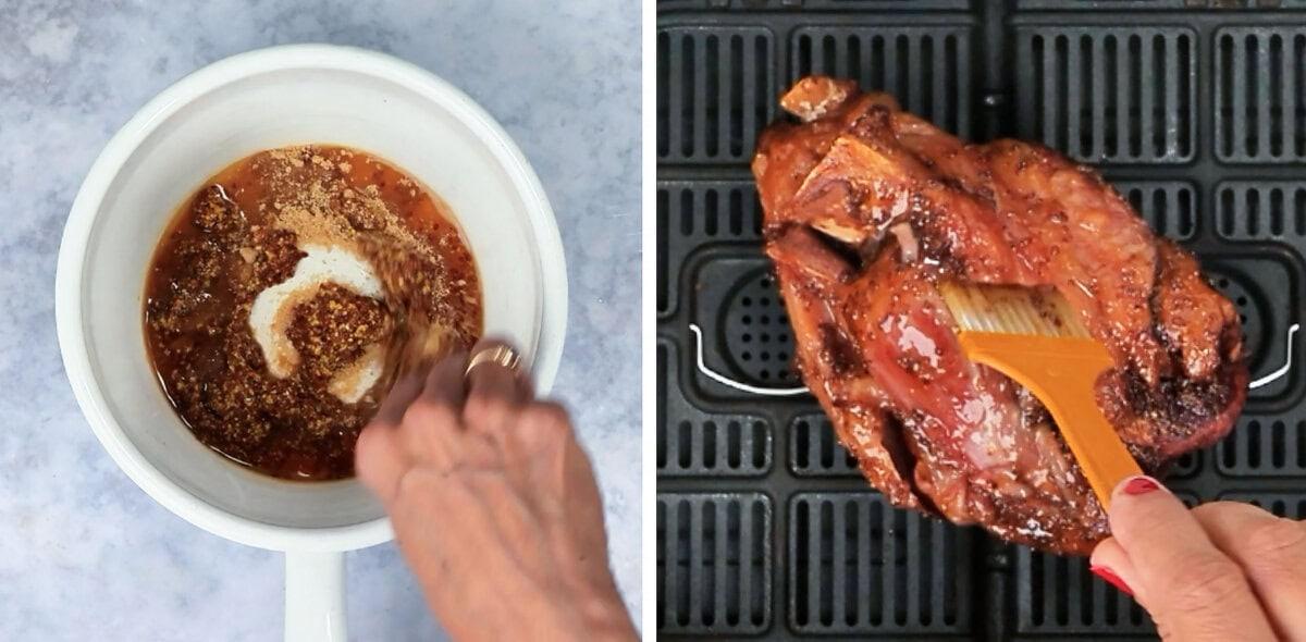Stirring the maple mustard glaze in a pan, then brushing it over a braised ham hock in an air fryer basket.