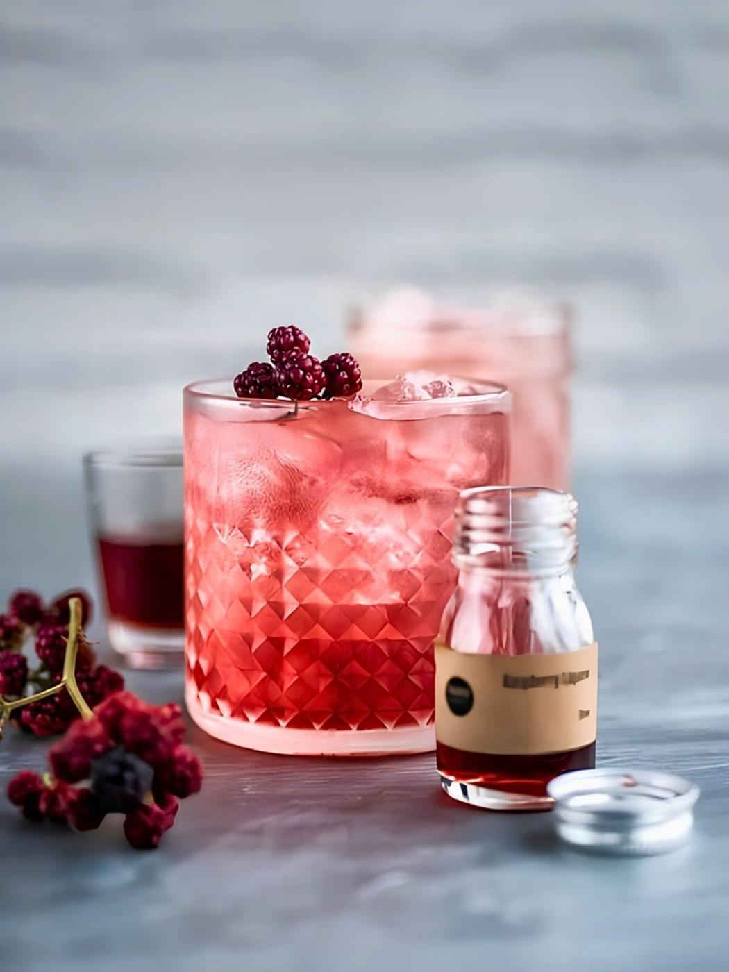 A Bramble cocktail in a cut-glass tumbler over crushed ice, garnished with fresh blackberries, with a small bottle of blackberry liqueur and a second drink behind.