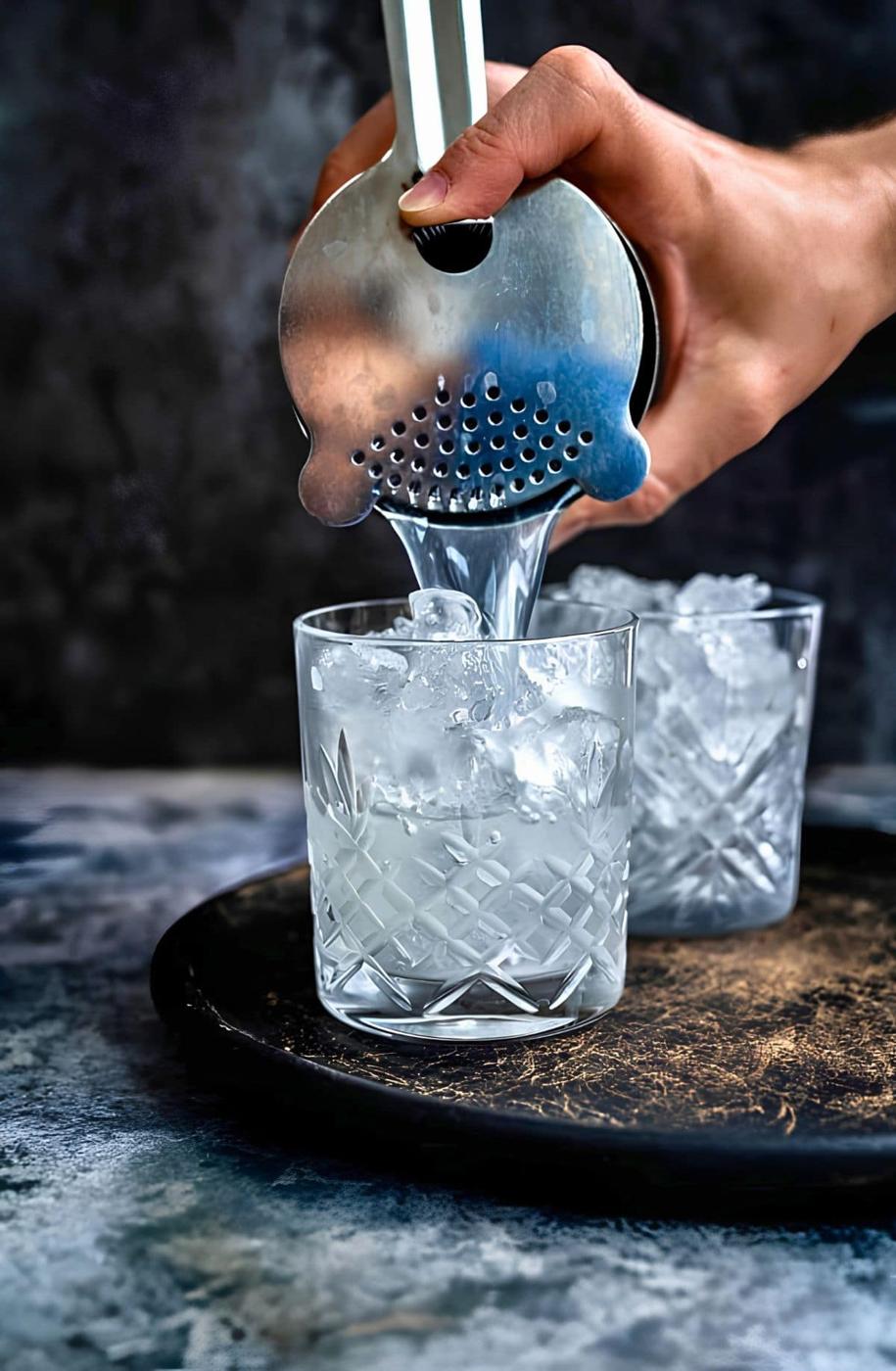 A hand strains a gin sour through a cocktail strainer into a cut-glass tumbler filled with crushed ice, with a second glass of ice behind.