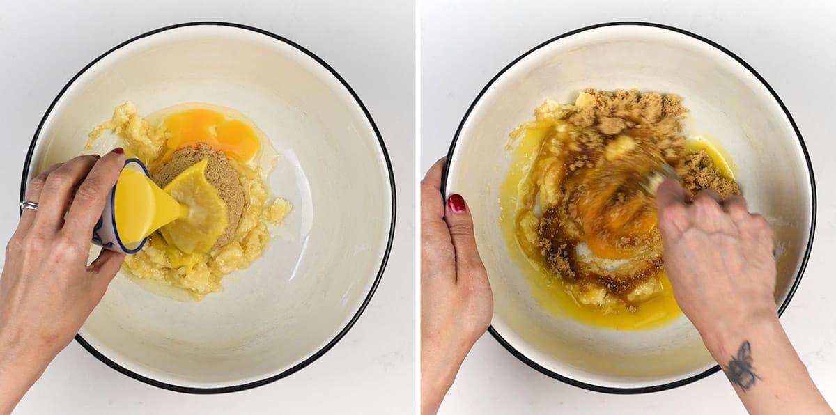 Two side-by-side images show hands mixing ingredients in a bowl. On the left, an egg and sugar are being added for Healthy Baked Oats. On the right, the mixture is being whisked together with a fork.