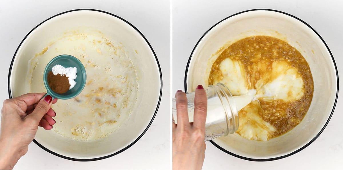 Two images showing Healthy Baked Oats steps: Left, a hand adds spices from a small bowl into a larger bowl of wet ingredients. Right, a hand pours liquid from a jar into a bowl containing mixed batter.