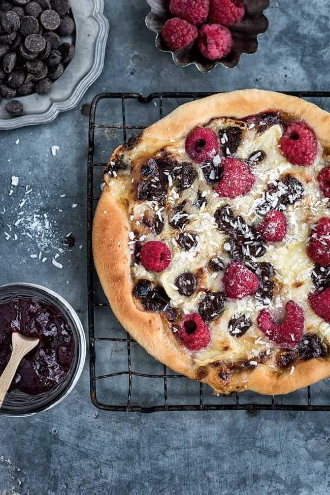 Brie, Chocolate and Raspberry Dessert Pizza