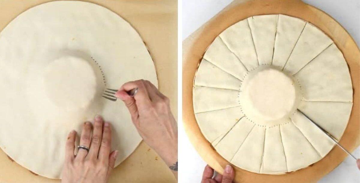 Two-panel image: On the left, hands use a fork to poke holes in the center of a brie pastry puff dough. On the right, the same Brie Puff Pastry dough is cut into triangular sections radiating from the center.