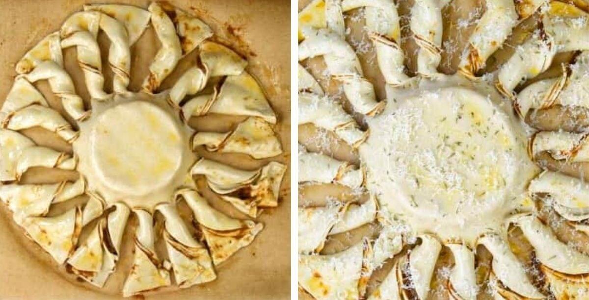 Two images side by side show a round, sun-shaped Brie Puff Pastry with twisted, filled segments radiating from a central circle. The left is unbaked, while the right is golden and topped with grated cheese.