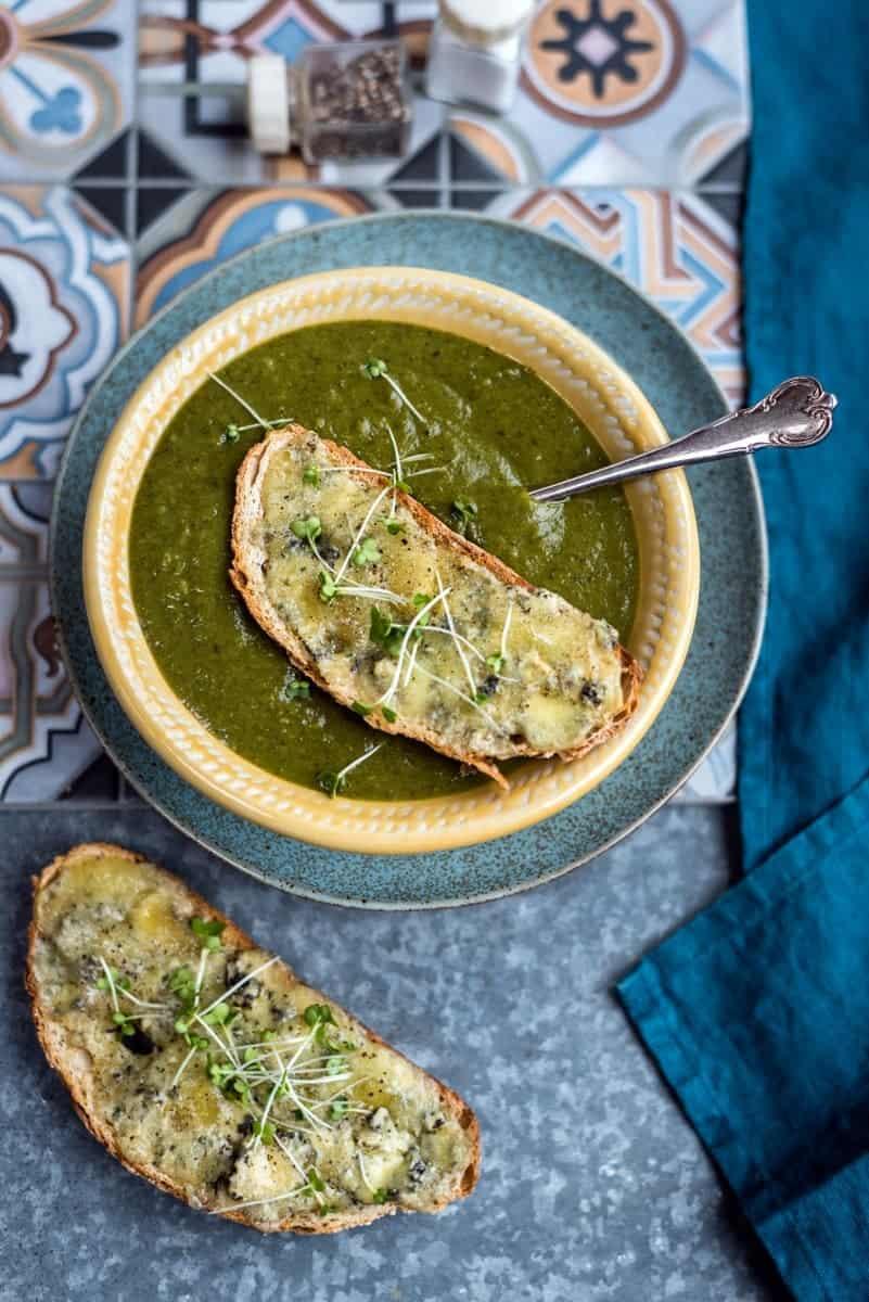 Broccoli and kale soup with Stilton toast