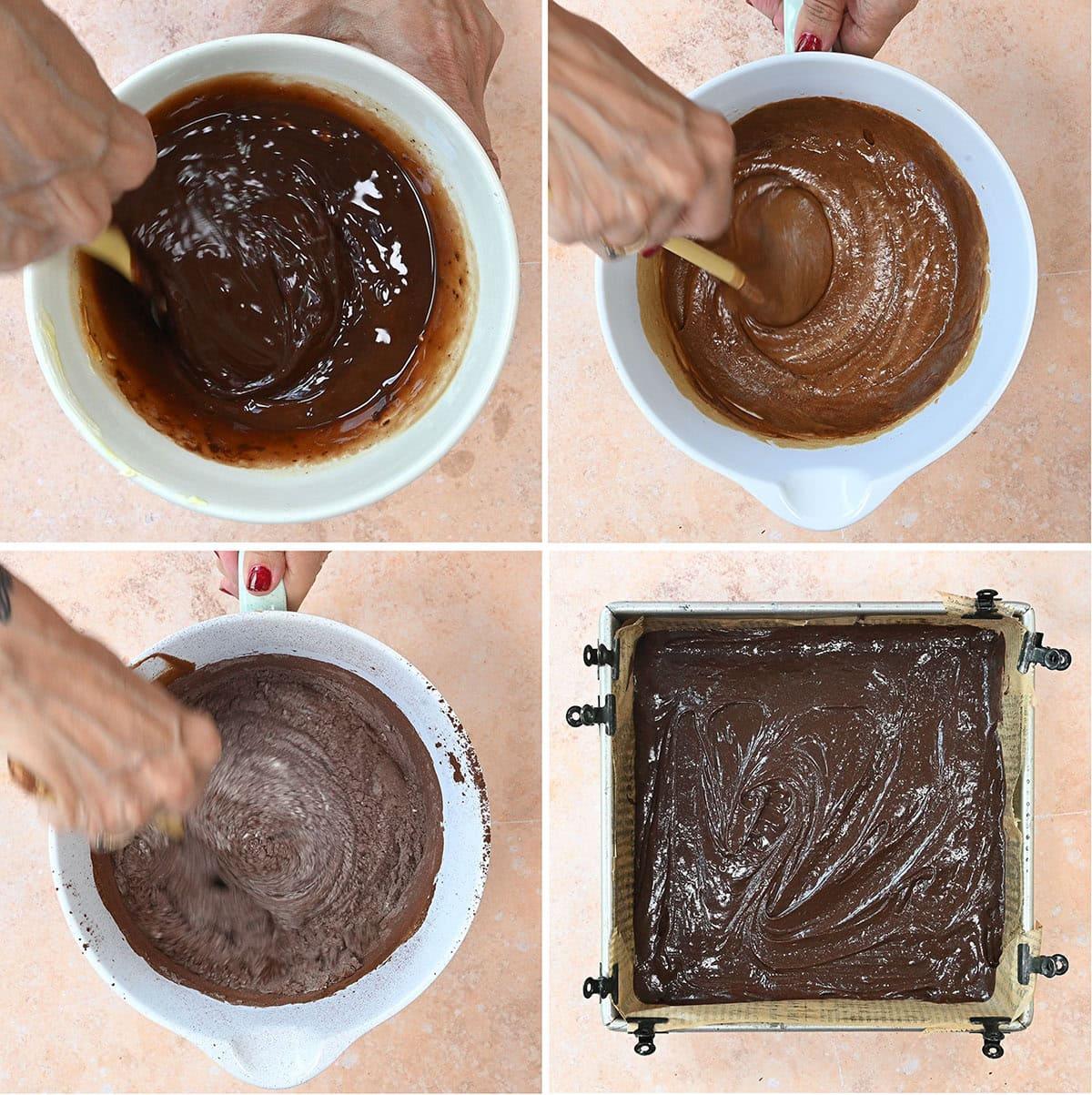 A collage of four images shows hands mixing chocolate batter in bowls, and the final image displays the smooth brownie batter spread in a square baking pan lined with parchment paper, ready for baking.