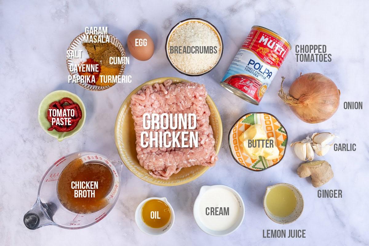 butter chicken meatball ingredients with captions