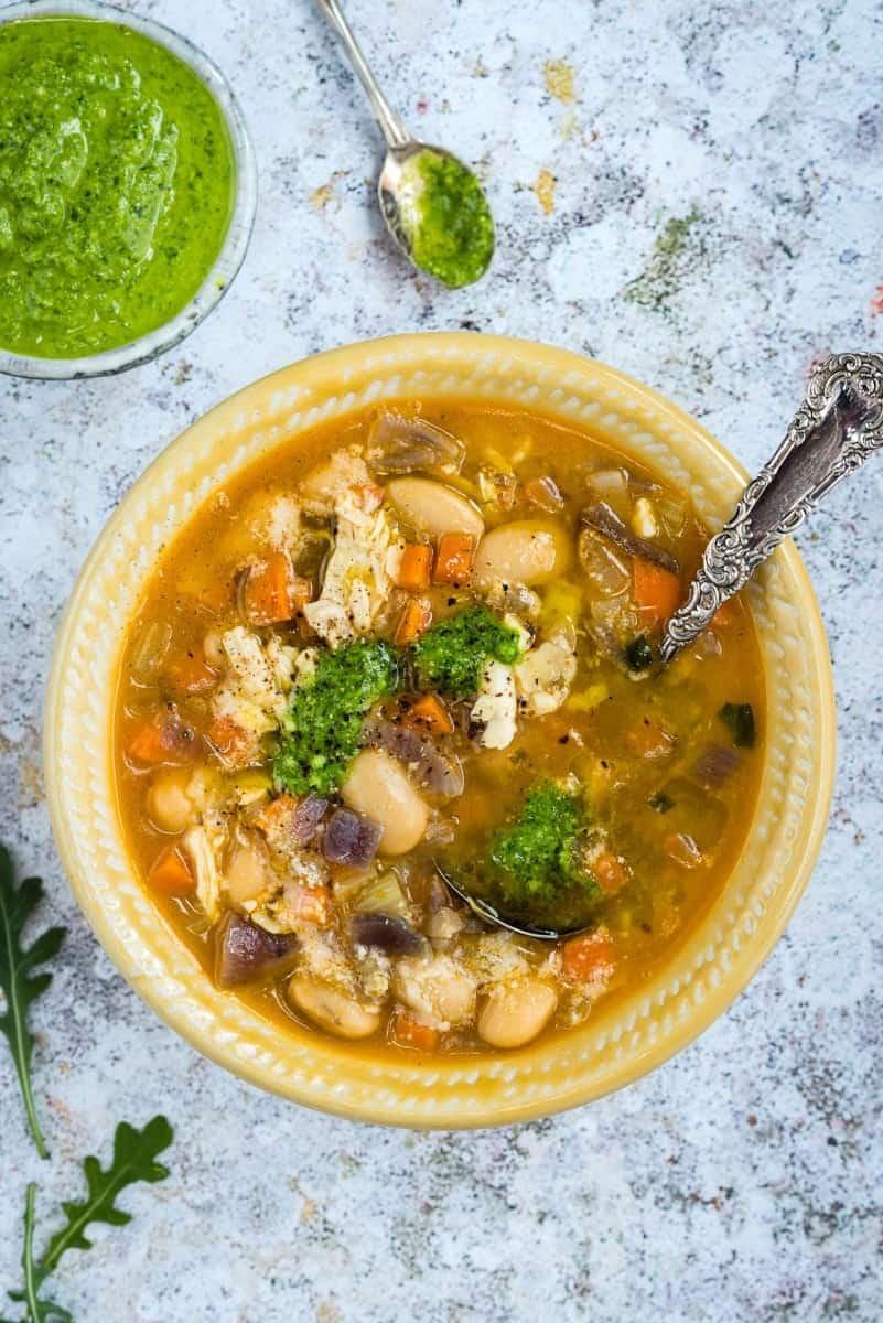 Butterbean chicken soup with rocket pesto