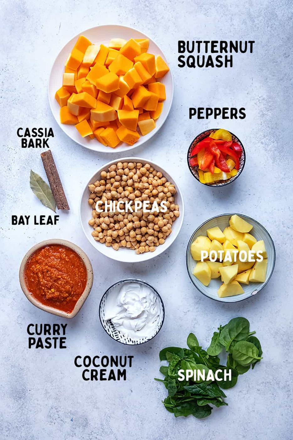 Ingredients for butternut squash curry on a white background with captions